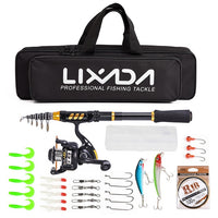 Lixada Telescopic full kit fishing rod gear +spinning reel+ line lures hooks with bag