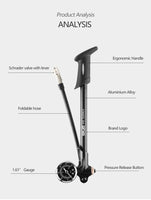 GIYO Foldable 300psi High-pressure Bike Air Shock Pump with Lever & Gauge